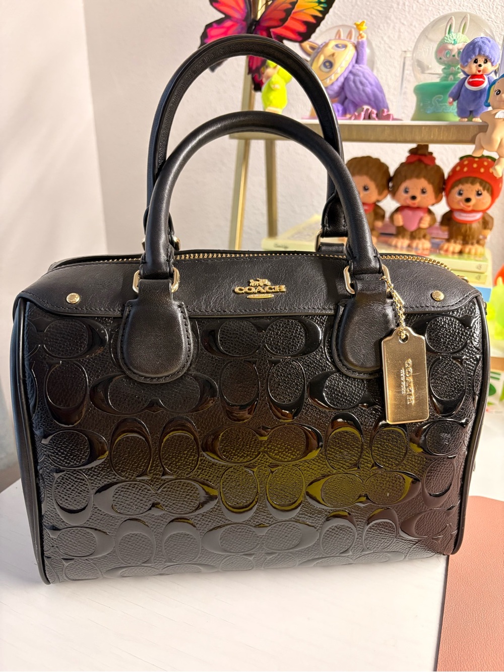 Coach Black Patent Signature Satchel with Gold Hardware
